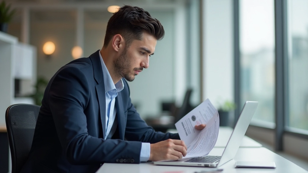 Профессионал работает над сертификацией на современном ноутбуке в офисной среде