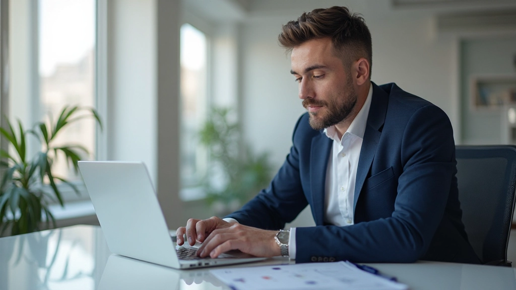 Профессиональный бизнесмен в современном офисе, анализирующий карьерный рост на ноутбуке