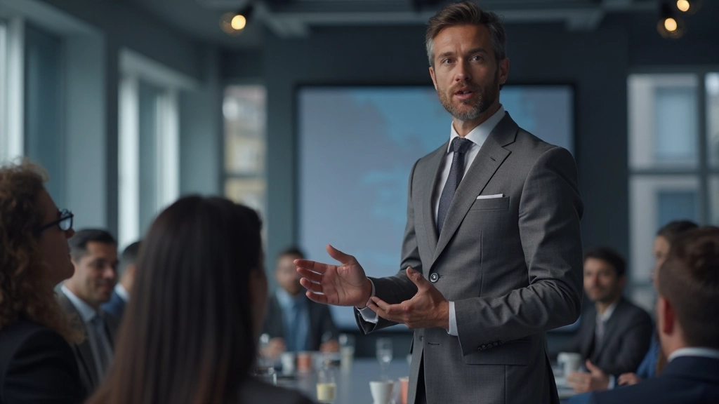 Специалист проводит презентацию перед группой сотрудников в конференц-зале