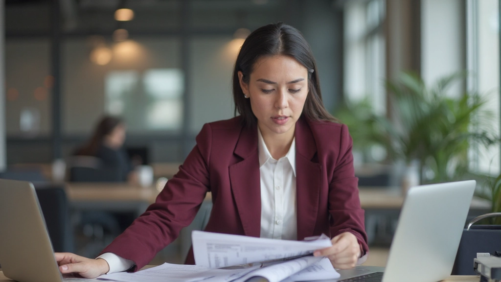 Женщина-профессионал в офисе работает на ноутбуке, анализирует документы