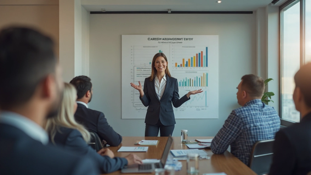 Успешная женщина-профессионал в офисе, представляющая результаты работы команде